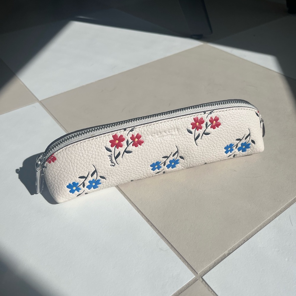 Coach White Floral Leather Cosmetic Pouch with Red & Blue Flowers